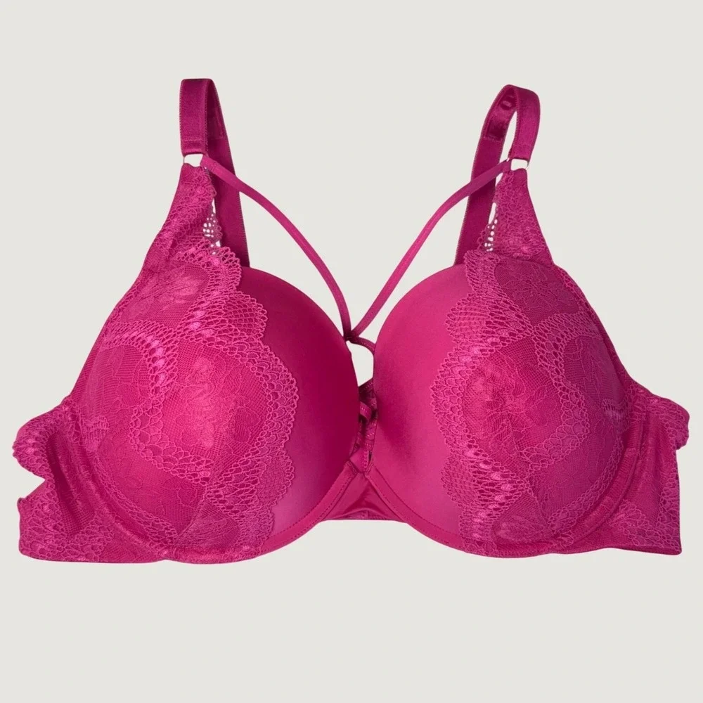 Torrid 44D Torrid XO Lace Push Up Plunge Bra Pink Strappy Lace